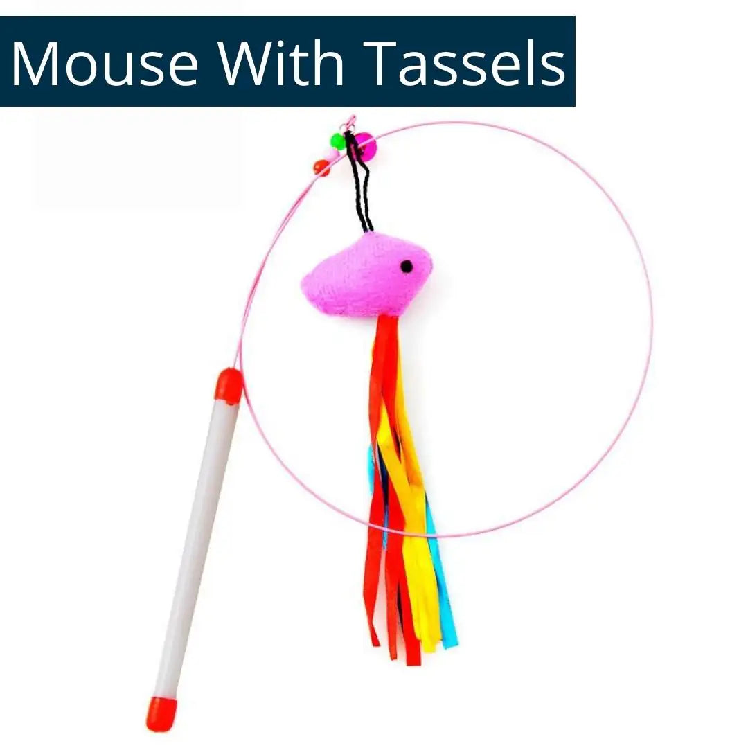 Nymock™ Feather Teaser Cat Wand - Mouse With Tassels, Nymock