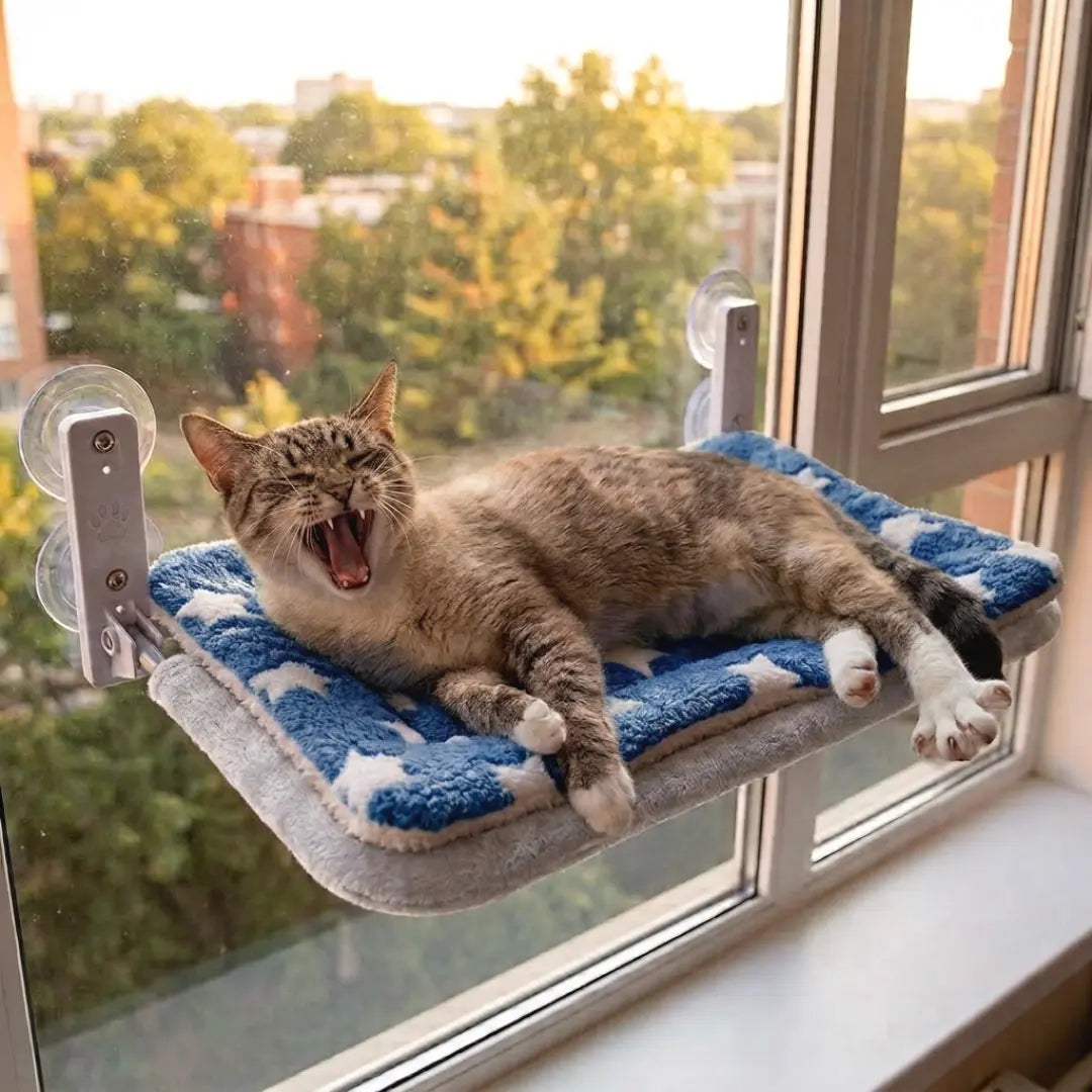A cat lies on a blue and white star-patterned window perch attached to a window with suction cups, with a city view in the background.
